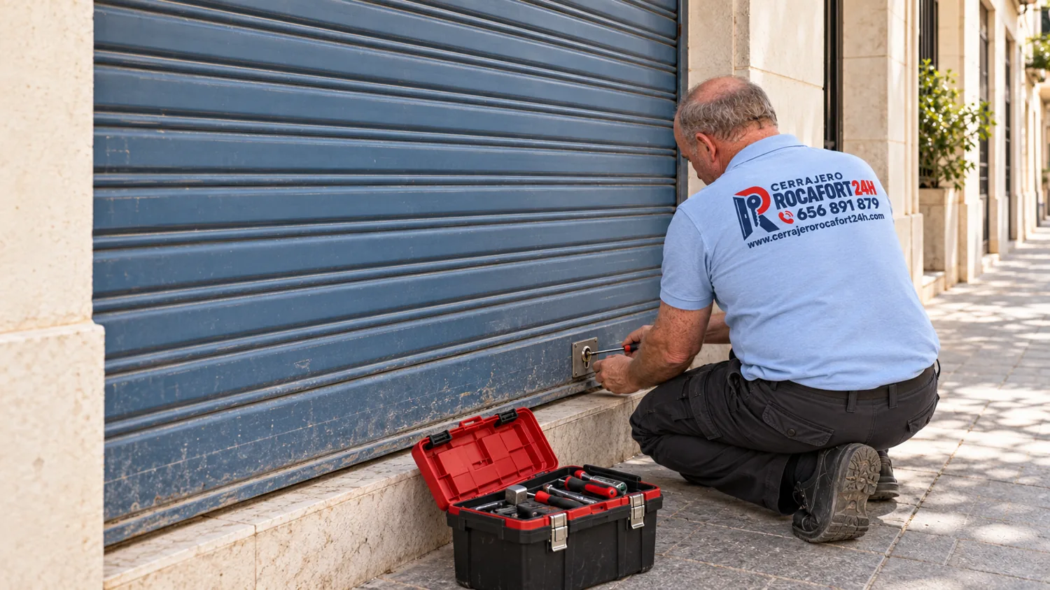 Técnico de Cerrajero Rocafort 24H revisando el cierre de una persiana metálica