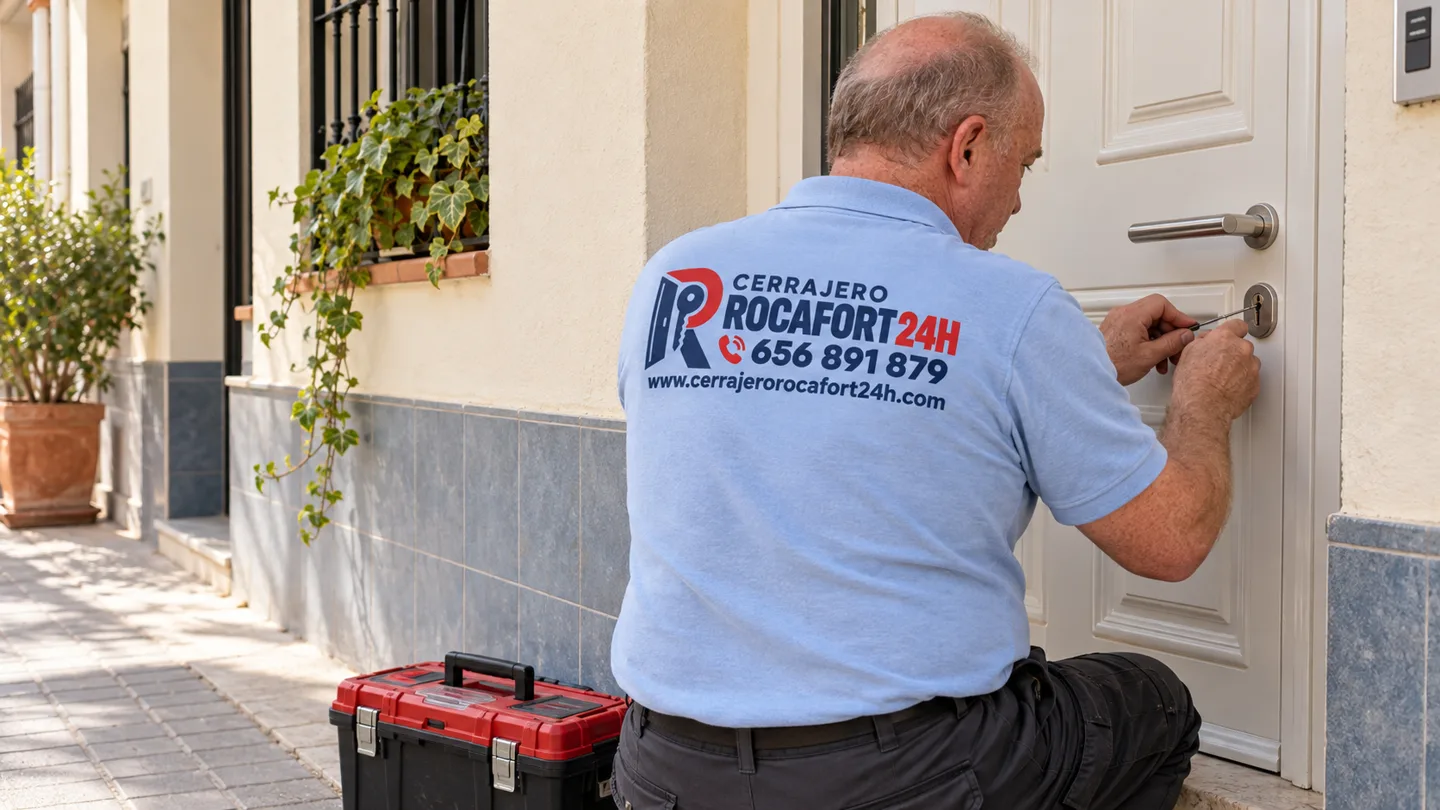 Técnico de Cerrajero Rocafort 24H trabajando en un acceso